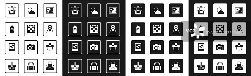 折叠地图、格子餐巾和水瓶图片素材