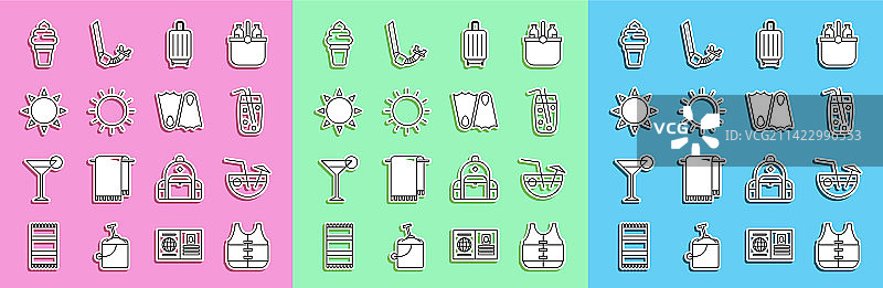 救生衣椰子鸡尾酒线条组合图片素材