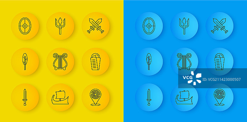 中世纪剑羽毛笔古代七弦琴线条图标图片素材