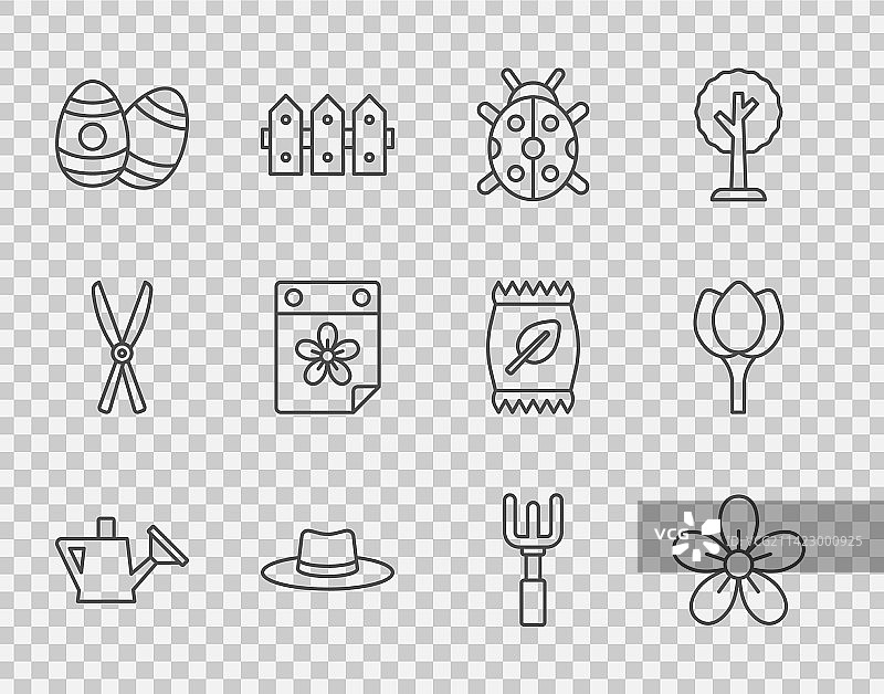 浇水壶花瓢虫园丁线条组合图片素材