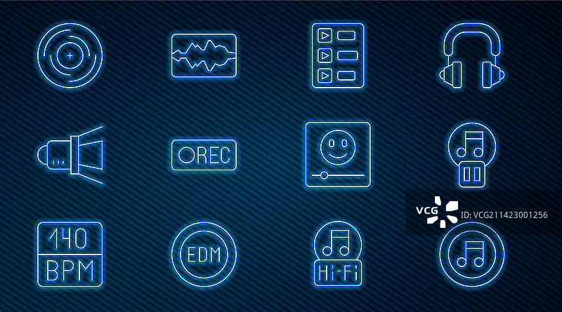 音乐符号、音调、暂停按钮和播放列表线条组合图片素材