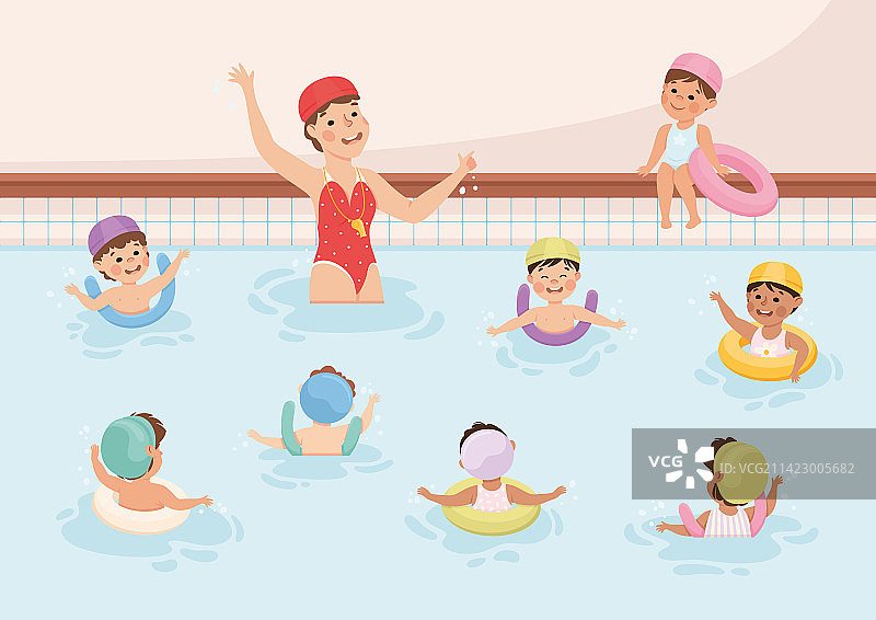 孩子们在游泳池里和女教练一起图片素材