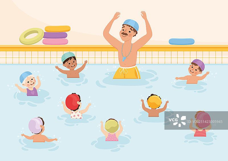 在游泳池里跟教练学习的孩子们图片素材