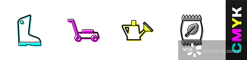 橡胶手套、割草机和浇水壶套装图片素材