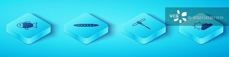 2.5D鱼、法棍面包和太阳图标图片素材