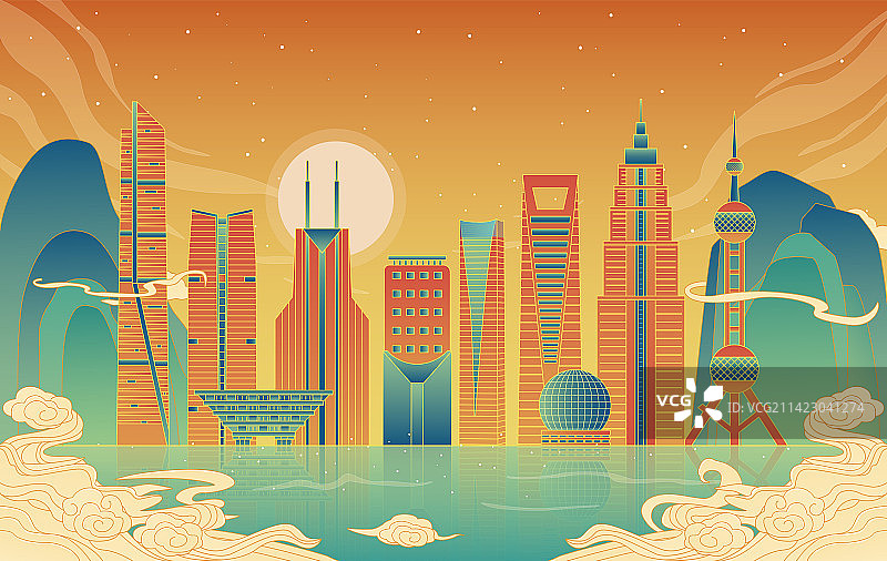 上海国潮风城市建筑矢量图图片素材