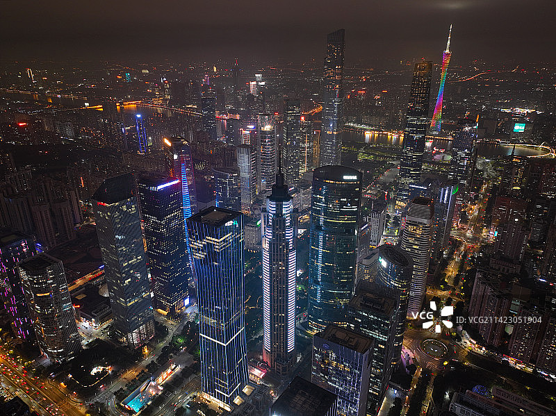 广东省广州市中信广场天河体育中心珠江新城CBD夜景航拍图片素材