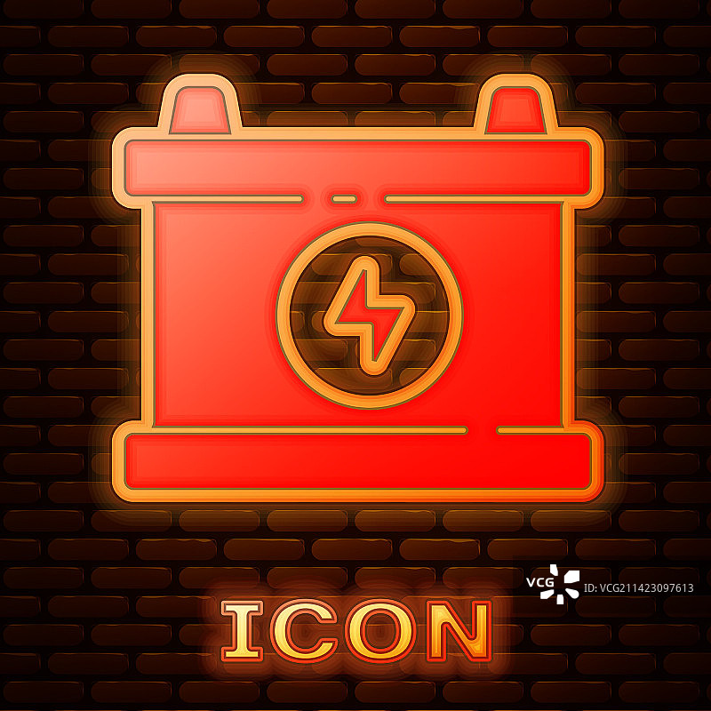 砖墙上发光的霓虹汽车电池图标图片素材