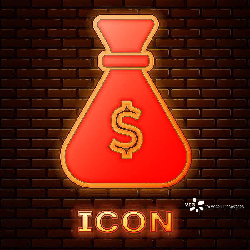 砖墙背景发光霓虹钱袋图标图片素材