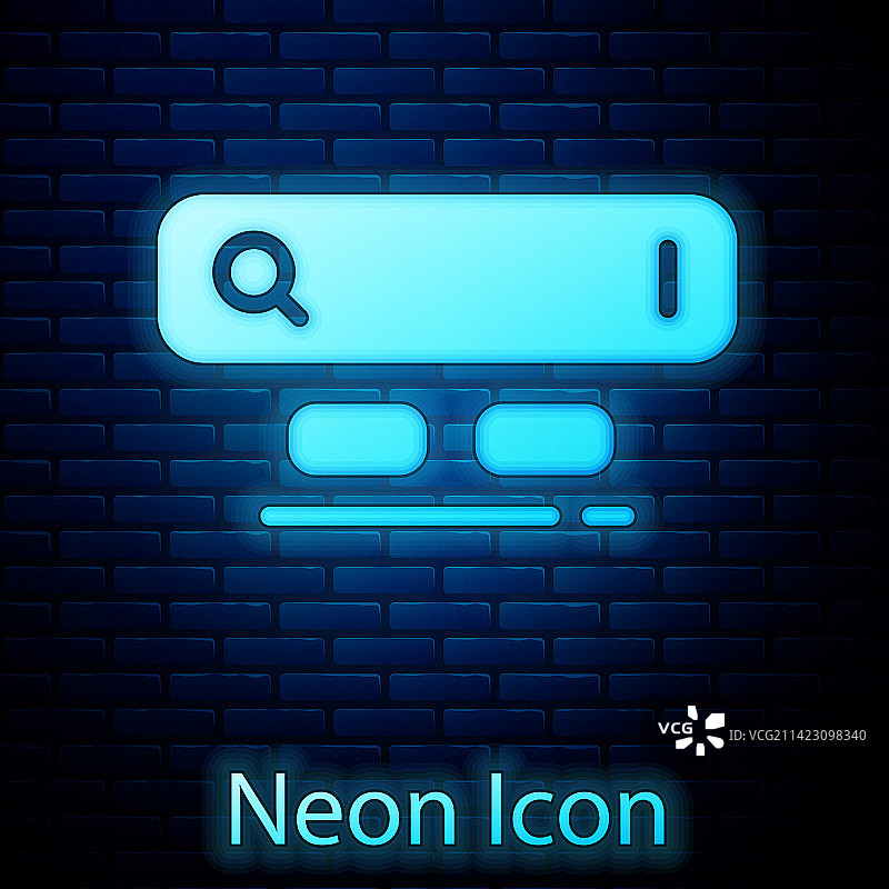 发光的霓虹灯搜索引擎图标，砖墙背景图片素材