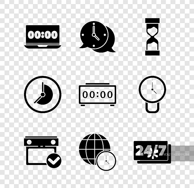 笔记本电脑上的时钟、语音气泡、旧沙漏图片素材