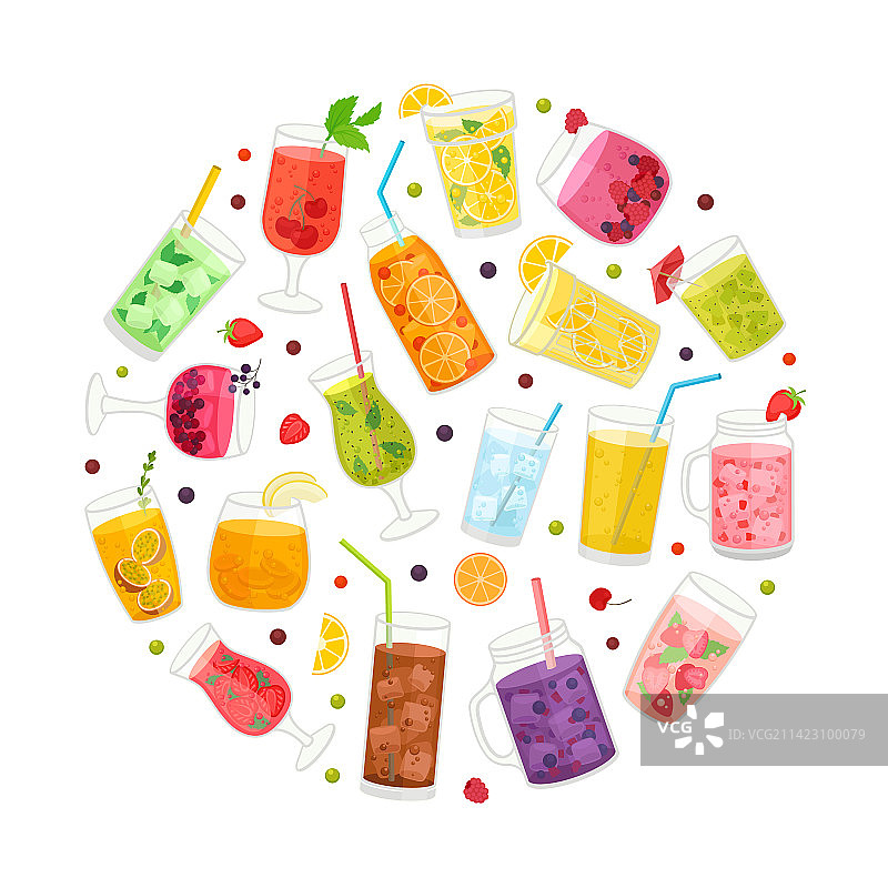 清凉水果饮品圆形组合图片素材