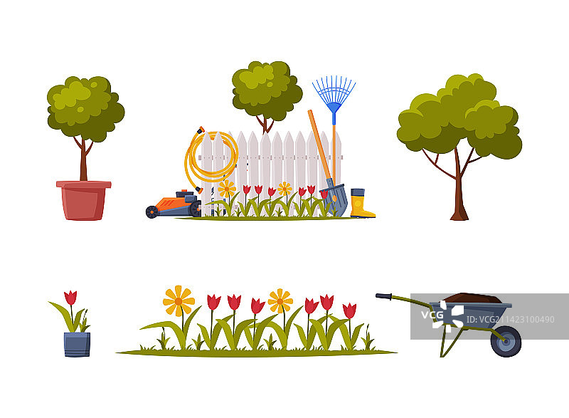 带有花坛、手推车、树木和栅栏的花园图片素材