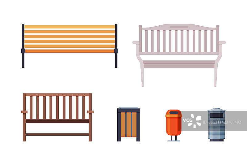带长椅和垃圾箱的城市公园元素图片素材