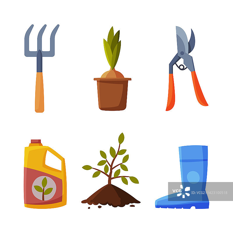 花园：树苗、胶靴和园艺工具图片素材