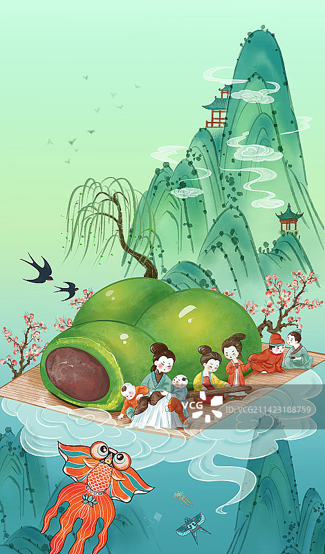 清明节水墨中国风插画海报青团古风人物图片素材