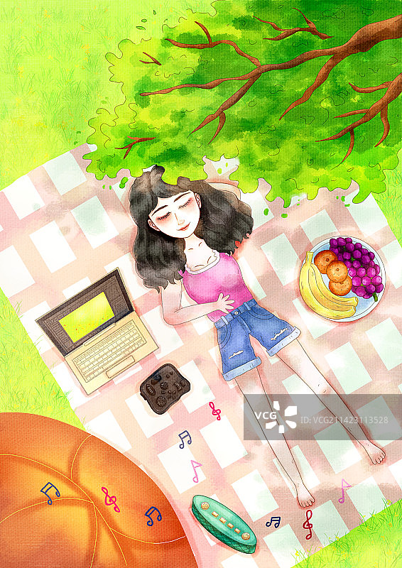 露营女生小清新插画图片素材