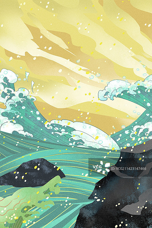 国潮风大海风景插画背景图片素材