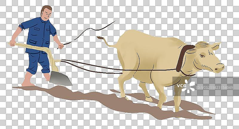 春天节气春耕耕种耕地黄牛农民劳作辛苦劳累种地元素插画图片素材