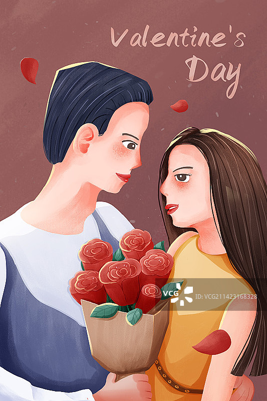 男女手拿玫瑰花的情人节插画图片素材