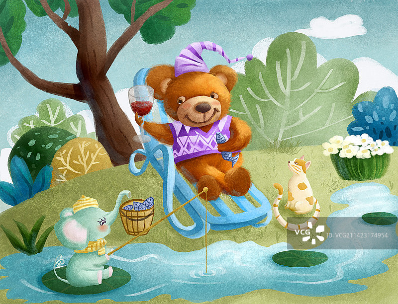 小熊小象小猫森林河边钓鱼图片素材