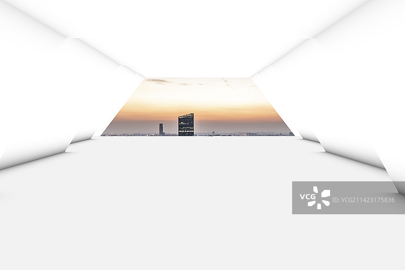 纯白建筑空间远眺上海静安区城市建筑风光日落火烧云图片素材