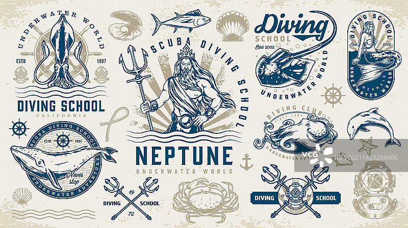彩色潜水学校贴纸套装图片素材