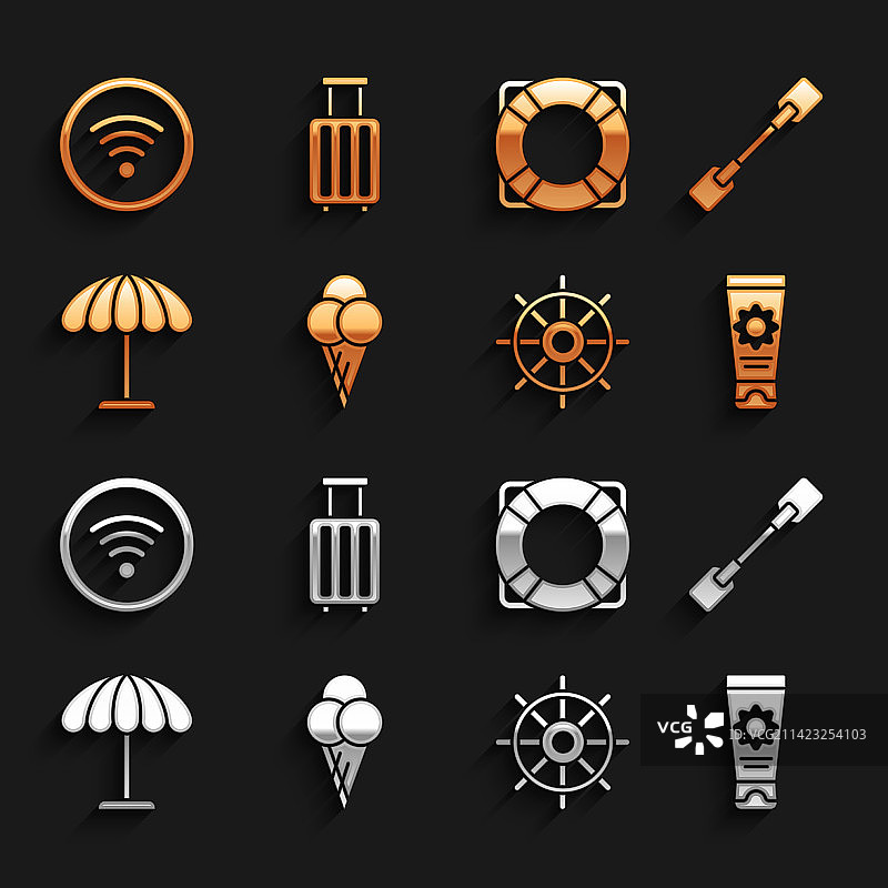 蛋筒冰淇淋、船桨与防晒霜系列图片素材