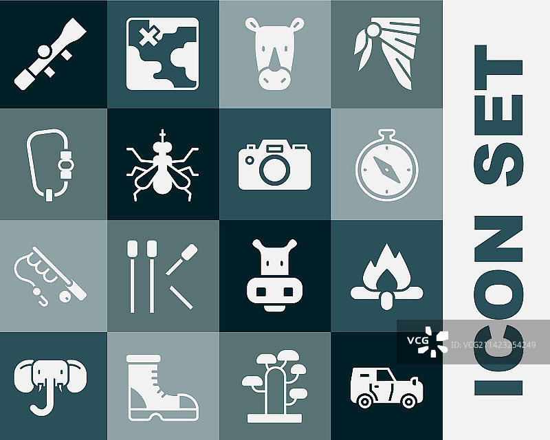 越野车、篝火、指南针和犀牛图片素材