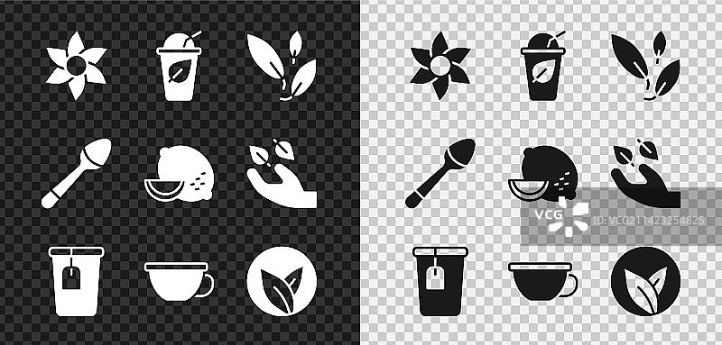 带有茶叶袋茶匙的茶杯鲜花套装图片素材