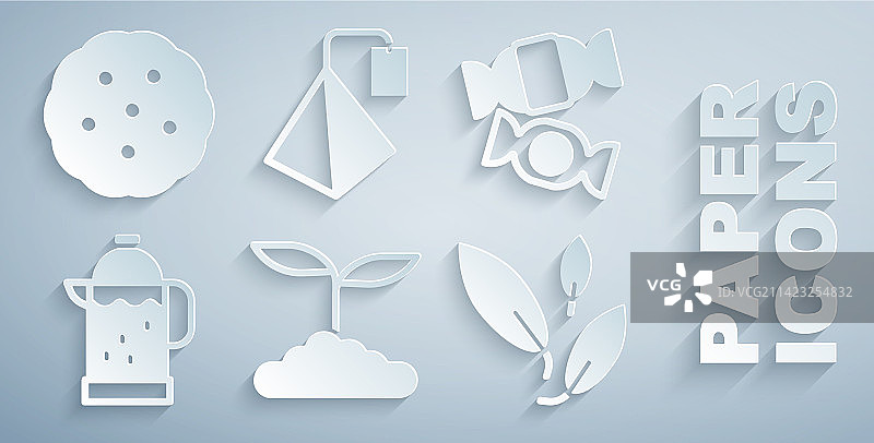 茶叶、糖果、法式滤压壶、茶包和饼干组合图片素材