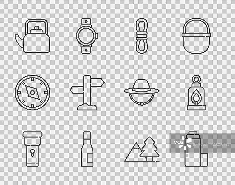 手电筒、保温杯、登山者线性图标图片素材