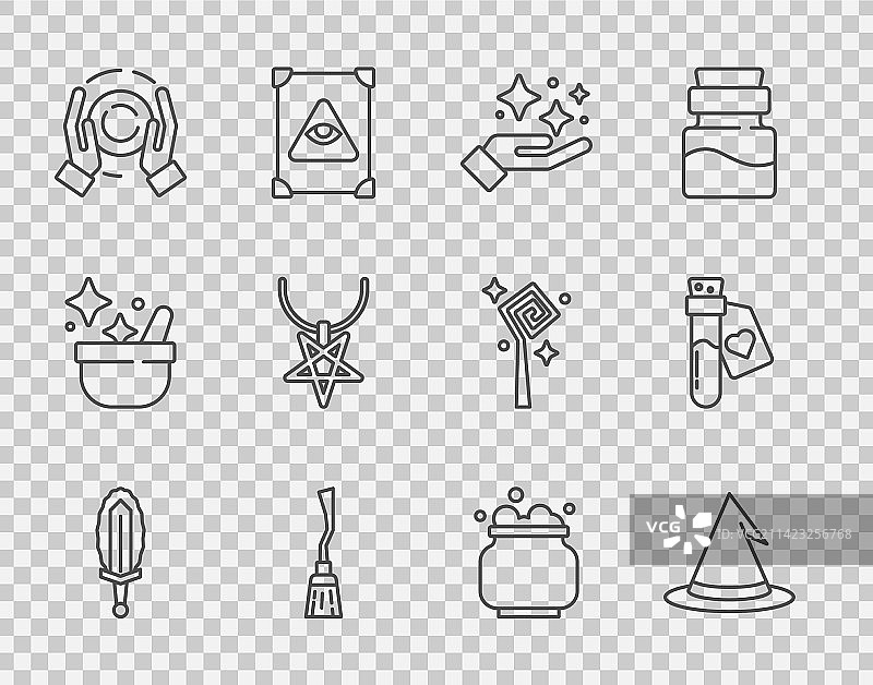 火焰女巫帽魔法剑线条合集图片素材