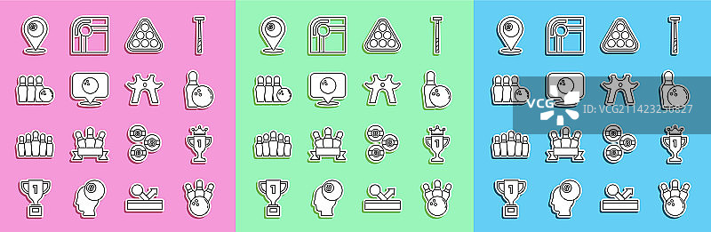 保龄球瓶、球、奖杯和台球矢量线条图片素材