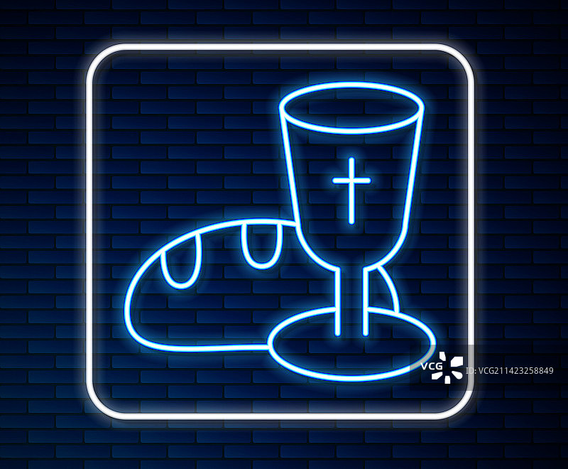 隔离背景上的发光霓虹高脚杯和面包线条图标图片素材
