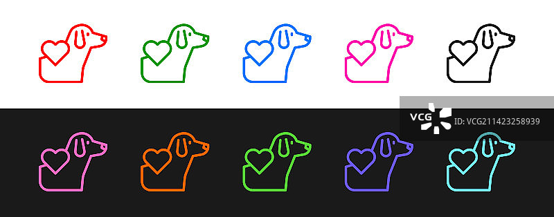 黑色背景上带狗图标的心形线条图片素材