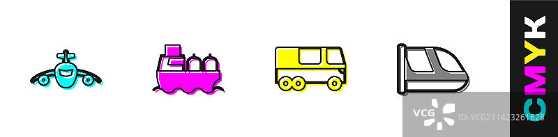 飞机、油轮、轮船、公共汽车、火车套装图片素材