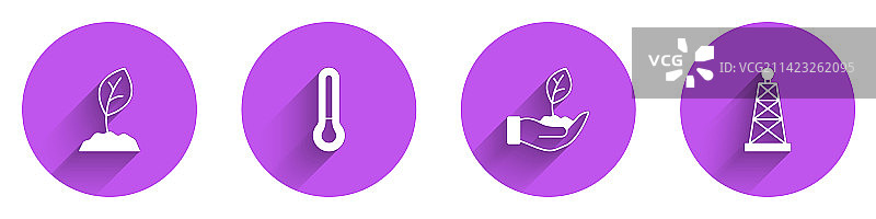 手持发芽温度计植物与钻油平台套装图片素材