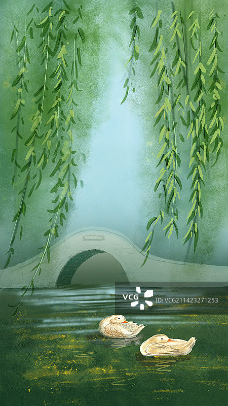 春天柳树桥下游过两只鸭子手绘风景插画壁纸图片素材