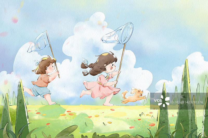 两个女孩和狗狗一起在草地上奔跑图片素材