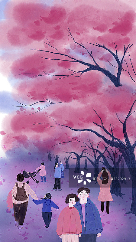 樱花树下赏花的人手绘风插画壁纸图片素材