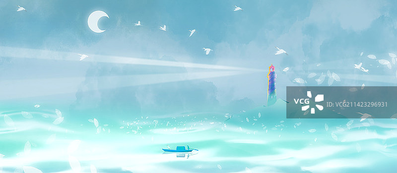 海上灯塔梦幻童话故事露营风景背景插画图片素材