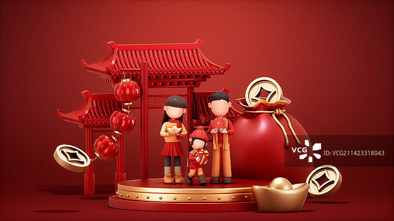 3D渲染的中国风场景与卡通人物图片素材