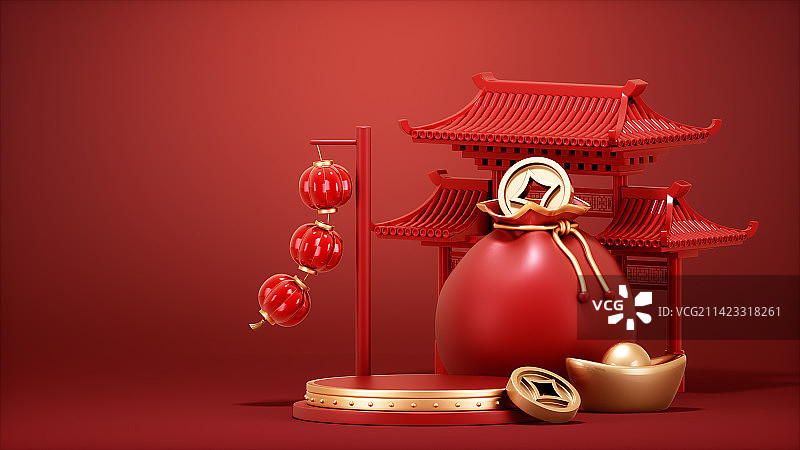 3D渲染的中国风场景与卡通人物图片素材