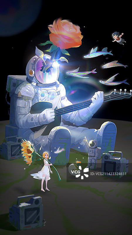 宇航员和人类美少女向日葵图片素材