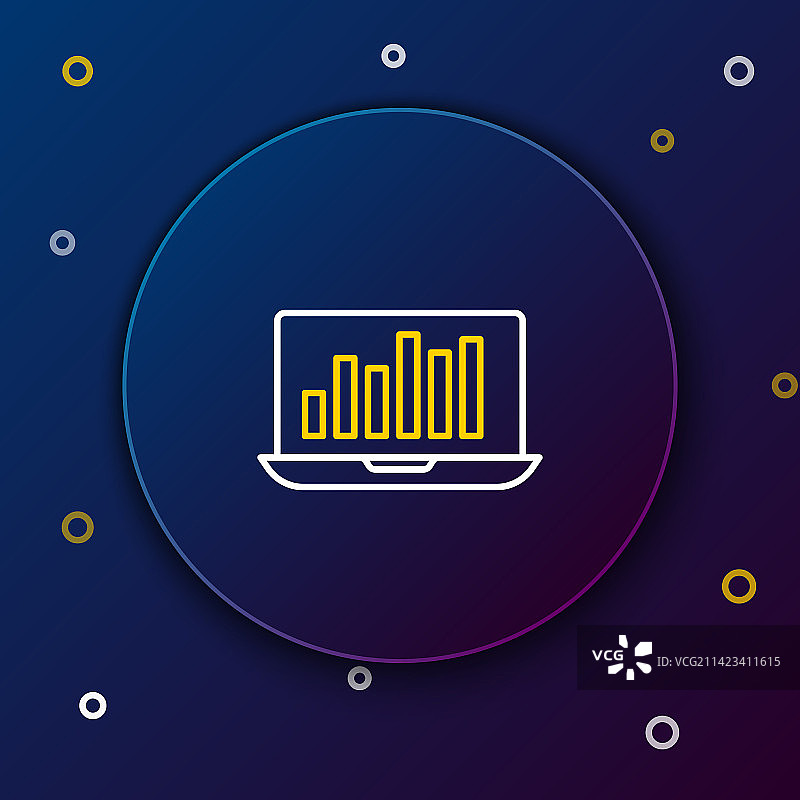 带有图表图标的线条笔记本电脑（蓝色背景）图片素材