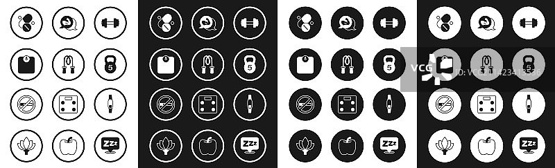 哑铃、跳绳、体重秤、维生素套装图片素材