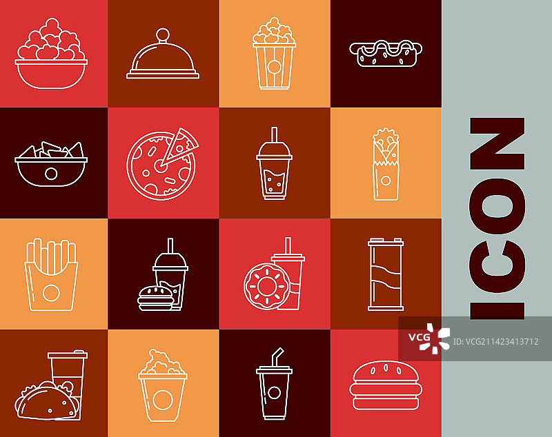 汉堡苏打罐烤肉爆米花线条组合图片素材