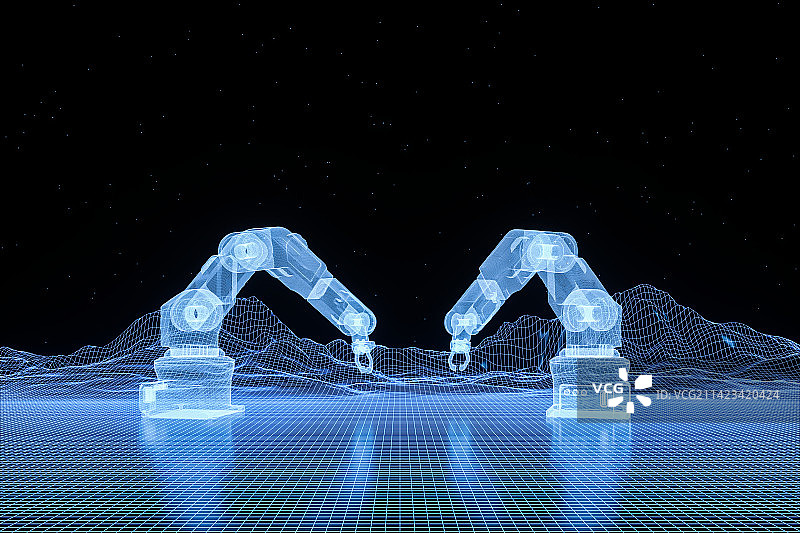 3D渲染抽象网格科技背景和工业机器图片素材