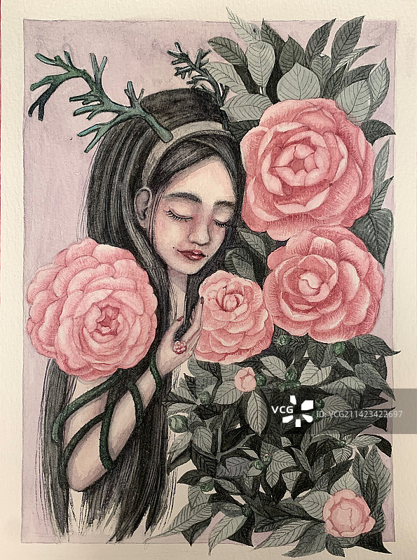 春天花草植物女孩淡雅小清新手绘插画图片素材